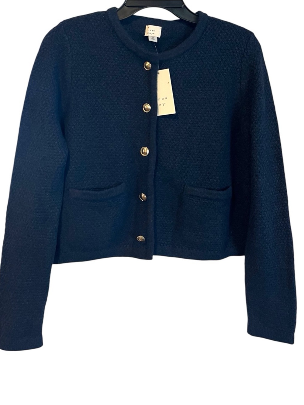 NWT A New Day Navy Cropped Cardigan Gold Button Up Jacket